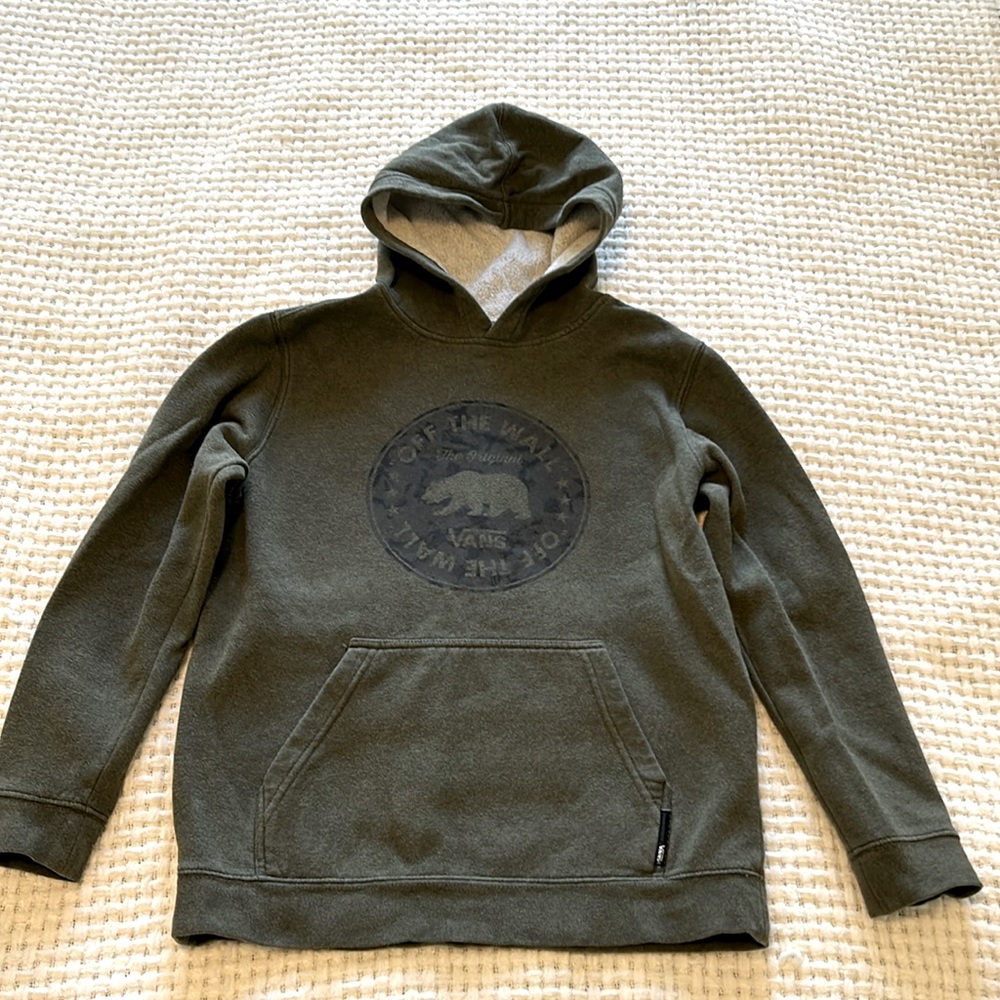 Vans olive green sweatshirt w hood, size L kids (12-14)